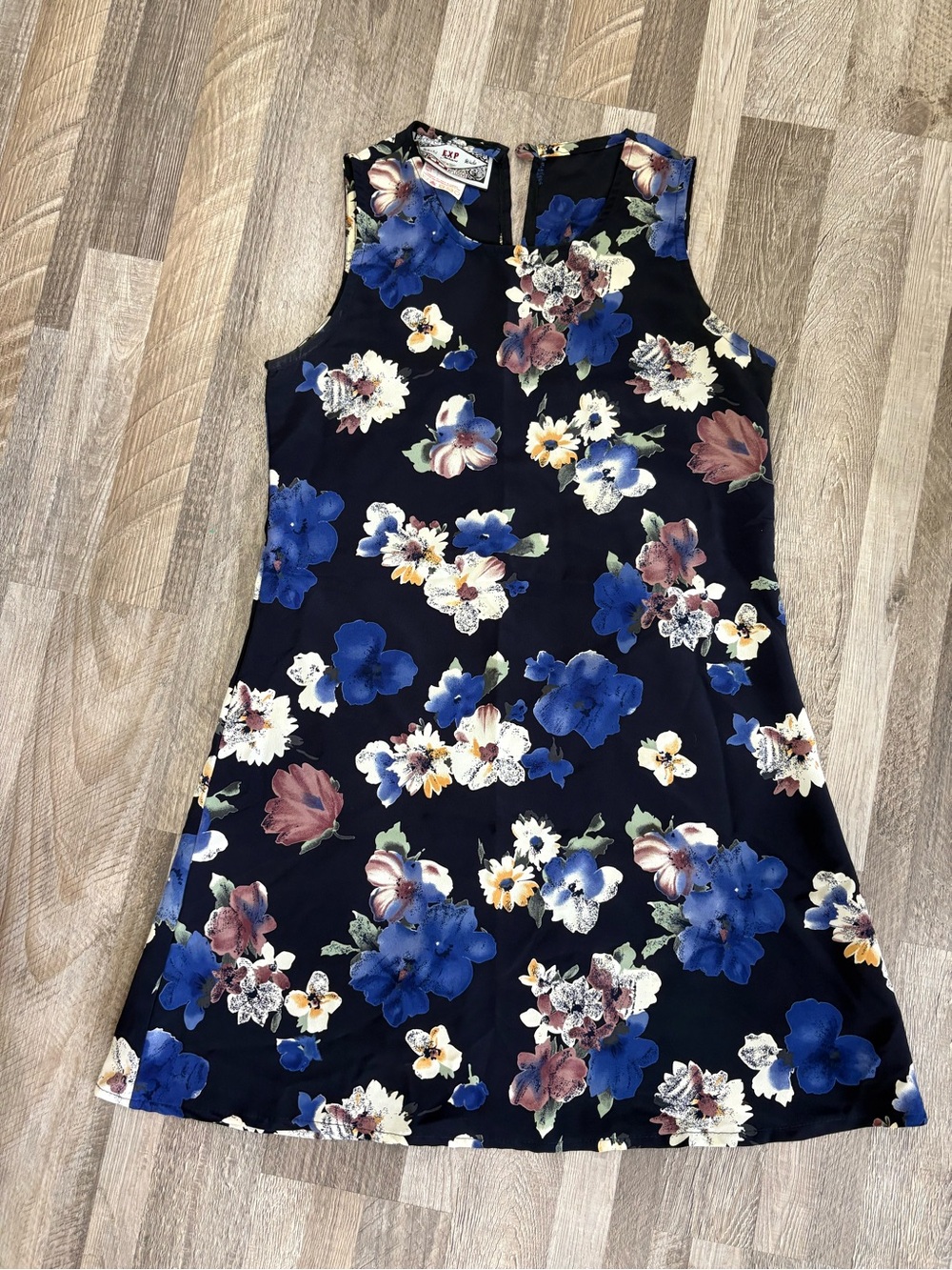 Vintage Floral Sleeveless A-Line Dress in Black and Blue Small - Picture 2 of 5
